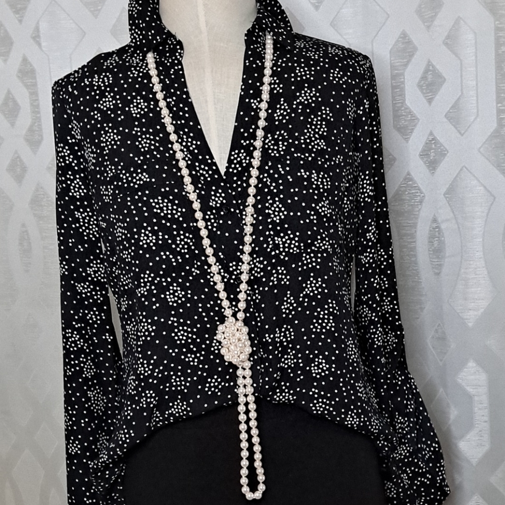 Candie’s Sheer Black & White Polka Dot Collar Button V-Neck Blouse – Size XS